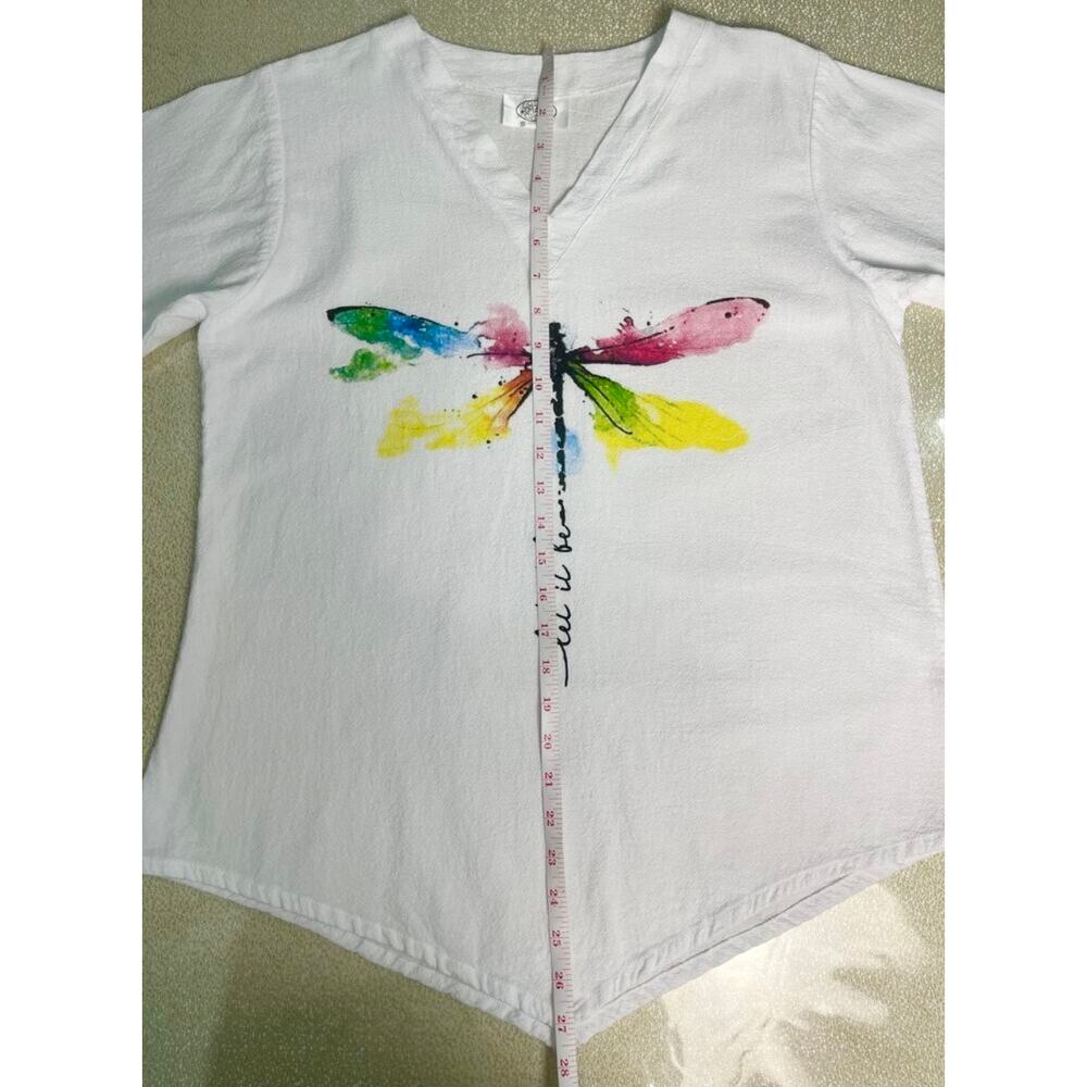 Cotton Made Casual Dragonfly Watercolor “Let It Be” V-Neck White Top Size Small - Picture 7 of 8